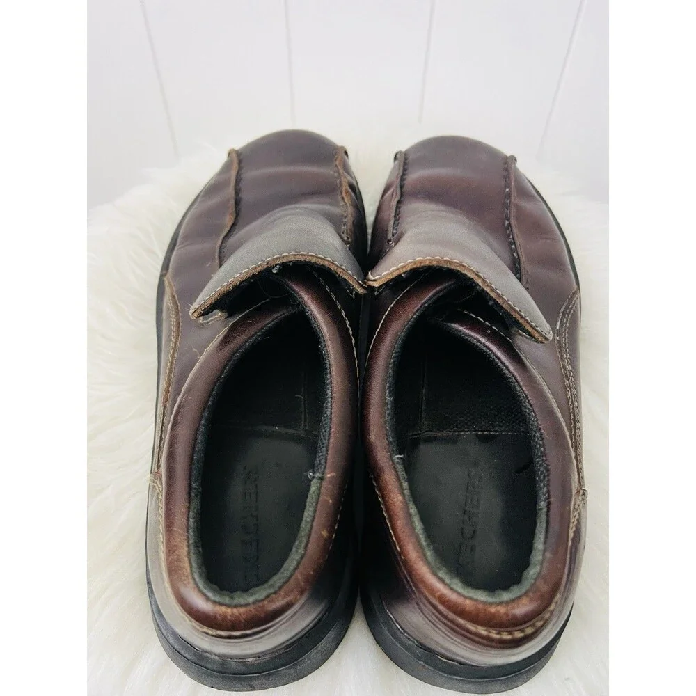 Skechers Brown Leather Slip On Loafers Chunky Bicycle Toe Retro Casual Shoes 10